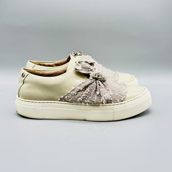 AGL Shoes Womens 38.5 US 8.5 Beige Tweed Bow Slip On Platform Sneakers Italy - Picture 1 of 10